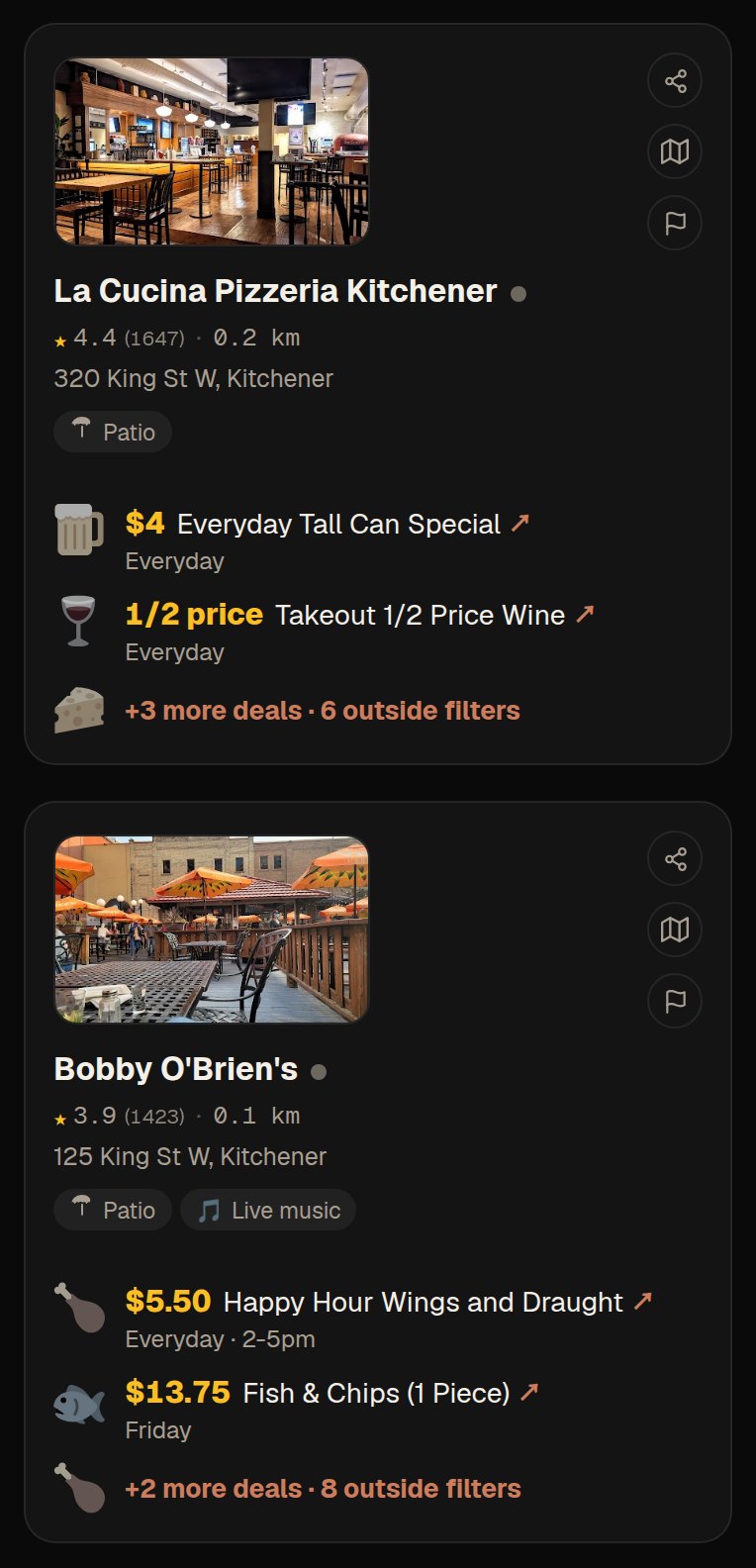 MealRadar list view showing deal cards